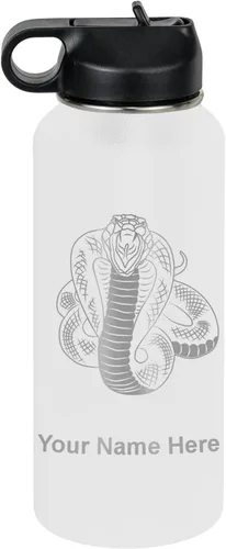 Vista 35 de LaserGram Botella de agua personalizada, serpiente de cobra, acero inoxidable de doble pared aislada al vacío con popote superior, regalo grabado