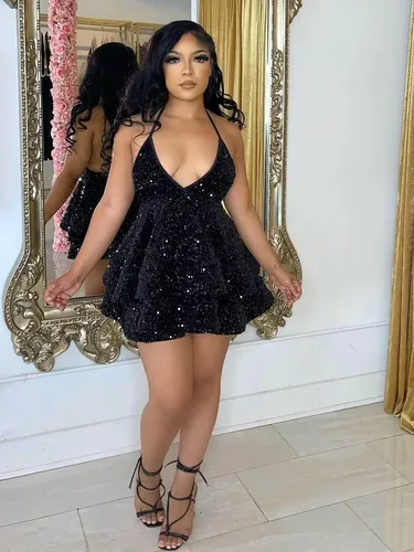 Vista 2 de CWOAPO Vestidos cortos de lentejuelas para adolescentes 2024 con tirantes delgados brillantes, cuello en V, vestido de graduación, vestido de fiesta