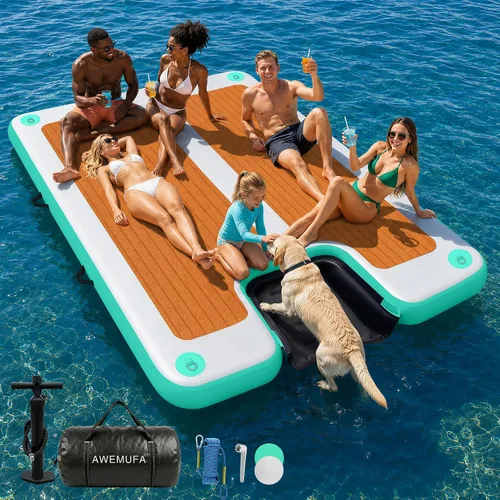 Vista 15 de AWEMUFA Muelle flotante inflable con rampa de 5 pies/6 pies/8 pies/10 pies, plataforma flotante flotante, tapete flotante de isla flotante, flotador