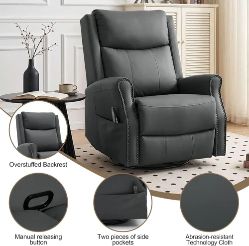 Vista 7 de Faux Leather Manual Swivel Rocker Recliner Chair, Vibration Massage, Gray Grey