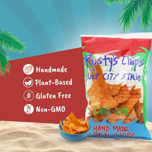 Vista 3 de Rusty's Chips - Chips de maíz crujientes saludables hechos a mano con chile y lima, sin conservantes - Snacks sin gluten, sin transgrasas, sin OMG