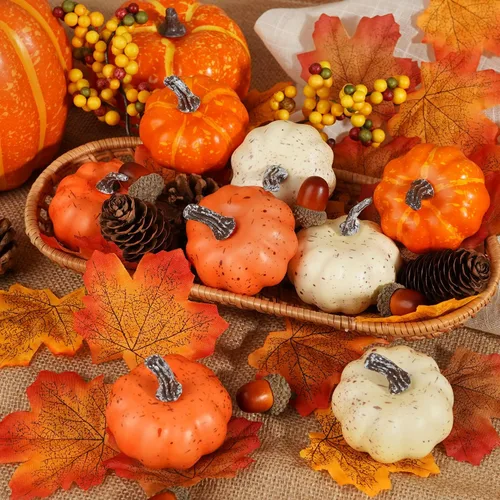 Vista 4 de Artmag - 51 piezas de calabazas artificiales, decoración de cosecha de otoño con bellotas, piñas, bayas, hojas de arce para decoración otoñal