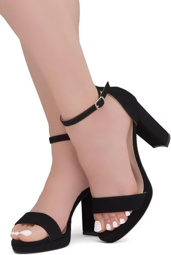 Vista 5 de Shoe Land Enlove - Sandalias de tacón de plataforma para mujer, puntera abierta, correa de tobillo, tacón alto grueso, zapatos de vestir para bodas
