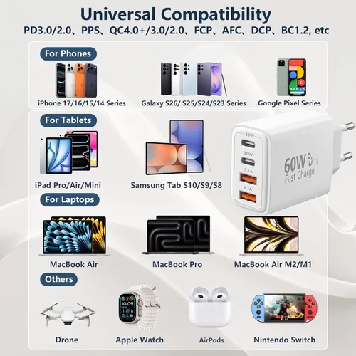 Vista 8 de Adaptador de enchufe de viaje europeo USB C, 60W 4-Port USA a Europa Carga