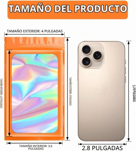 Vista 2 de Funfery 100 bolsas holográficas de Mylar naranja, cremallera resellable