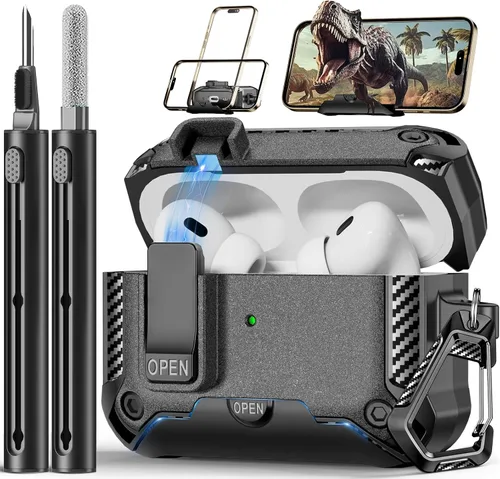 Vista 17 de Funda para AirPods Pro de 2ª Generación con Soporte para Teléfono, Protección Completa contra Caídas con Diseño de Interruptor Automático a Presión