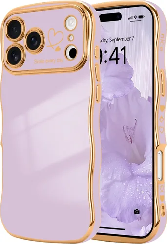 Vista 29 de LCHULLE - Funda para iPhone Air, linda para mujeres y niñas, con forma de onda, color azul bebé Luxury Plating Curly Wavy Frame with Love Heart