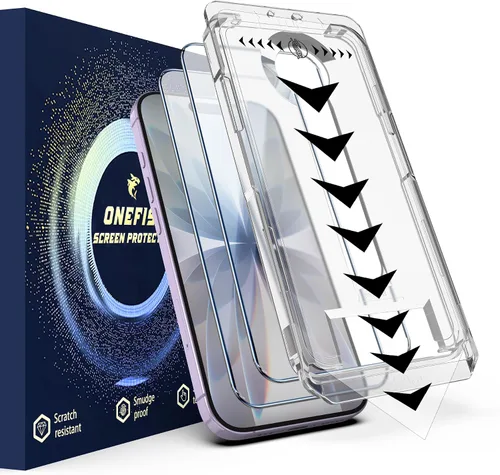 Vista 10 de OneFish Protector de pantalla para iPhone 14Plus/13Pro Max, película de vidrio templado HD Clarity dureza 9H+, con marco de instalación sin