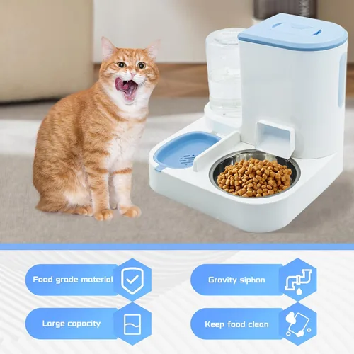 Vista 4 de Juego de dispensador automático de alimentos y agua para gatos, 2 en 1, comedero de gravedad todo en uno con tazón de comida para gatos de acero