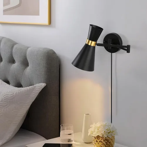 Vista 2 de Moderno aplique de pared con brazo oscilante, lámpara de pared enchufable para mesita de noche de dormitorio, accesorios de pared inalámbricos