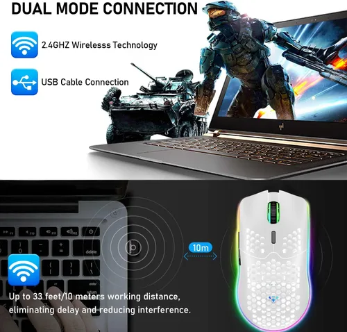 Vista 5 de XINMENG Ratón inalámbrico para juegos, diseño de panal ligero, 3200 DPI recargable, con 16 retroiluminación arcoíris, receptor USB, compatible