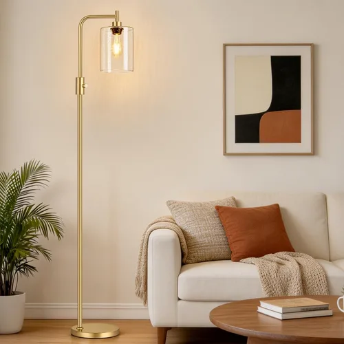 Vista 12 de 【Actualizada】Lámpara de pie regulable para sala de estar con pantalla de vidrio, lámpara de pie industrial moderna negra con bombilla LED de 900LM