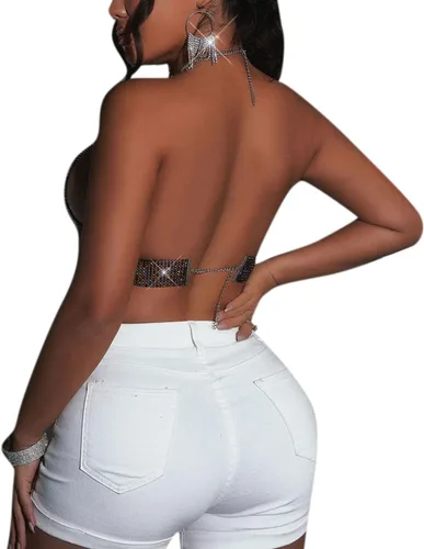 Vista 4 de Camiseta corta sin espalda con diamantes de imitación brillantes para mujer, sexy, halter, transparente, para salir por la noche, fiesta, club