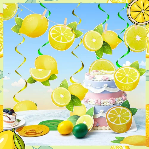 Vista 4 de Lewtemi 22 decoraciones de fiesta de limón incluyen 2 carteles de limón, 20 limones colgantes, remolinos de limonada cítrica, decoraciones