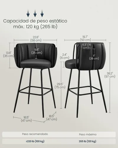 Vista 2 de SONGMICS HOME Juego de 2 taburetes de bar giratorios de 360° con respaldo curvo, taburetes de bar tapizados con reposapiés, patas cónicas de metal