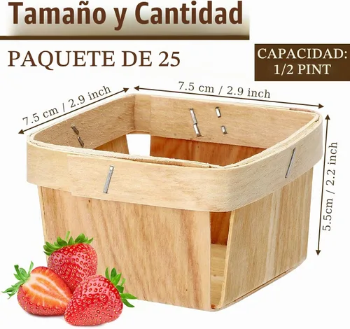 Vista 2 de Hoolerry 25 cestas de regalo de madera de 1/2 pinta de 3 x 3 x 2.2 pulgadas, cajas cuadradas de madera ventiladas, mini cesta de bayas a granel