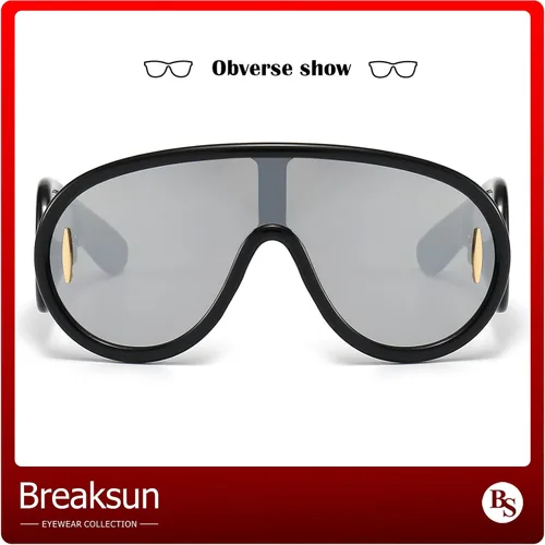 Vista 4 de Gafas de sol de moda con máscara ondulada para mujeres y hombres, de gran tamaño, color plateado, con escudo futurista, estilo de diseñador