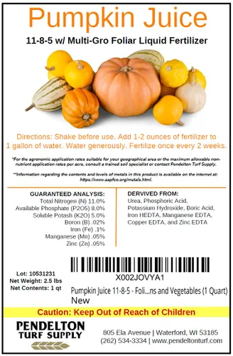 Vista 2 de Jugo de calabaza 11-8-5 - Fertilizante líquido foliar con micronutrientes esenciales para calabazas y verduras (1 cuarto de galón)