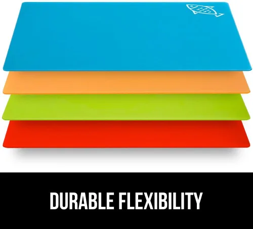 Vista 8 de GORILLA GRIP Juego de 4 tablas de cortar flexibles 100% sin BPA, alfombrillas de plástico duraderas con iconos de alimentos para preparar comidas