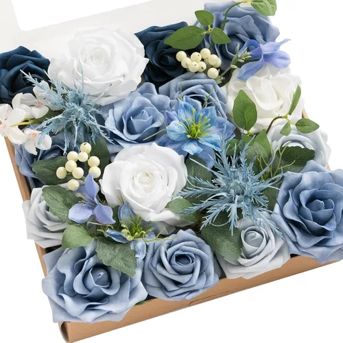 Vista 19 de Ling's moment Caja de flores artificiales, tallos de follaje artificial falso, rosas de espuma, dalia de seda, hierba de pampas, flor de tela