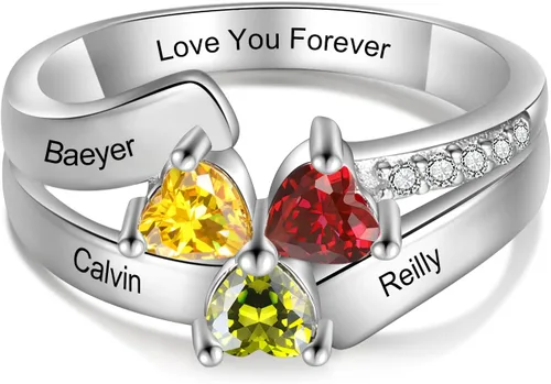 Vista 7 de Jeweidea Anillo de plata de ley personalizado con 3 piedras natales de imitación de corazón para mujer, mamá, abuela
