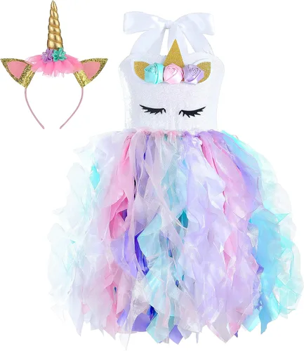 Vista 4 de Wish Care Disfraz de unicornio para niñas de 3 a 10 años, vestido de tutú de unicornio con lentejuelas y arco iris, disfraz de fiesta de cumpleaños
