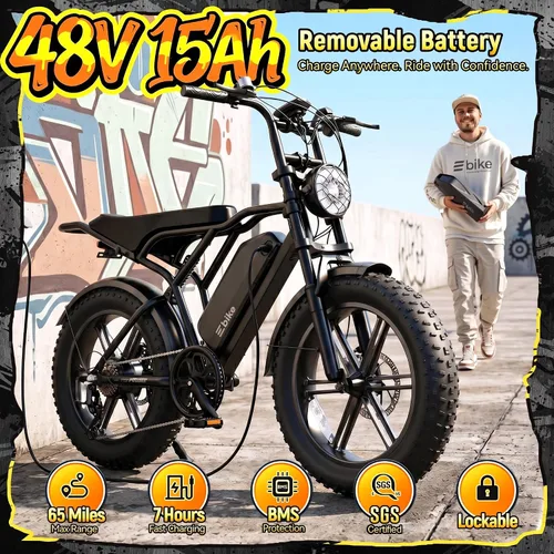 Vista 3 de Electric Bike for Adults,2000W Peak,20"x4"Fat Tire,48V Removable Battery 2-Negro carbón