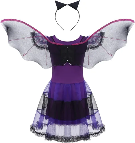 Vista 2 de RUNQHUI Disfraz de murciélago vampiro para Halloween y niñas, vestido de princesa con diadema de ala