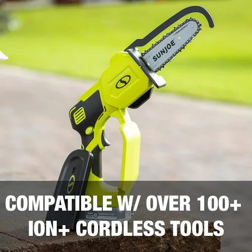 Vista 6 de Sun Joe Mini motosierra inalámbrica iON+ de 24V-HCS-LTE-P1 de 24 voltios, Verde y barra premium SWJ-OIL, aceite de cadena y piñón, lubricación