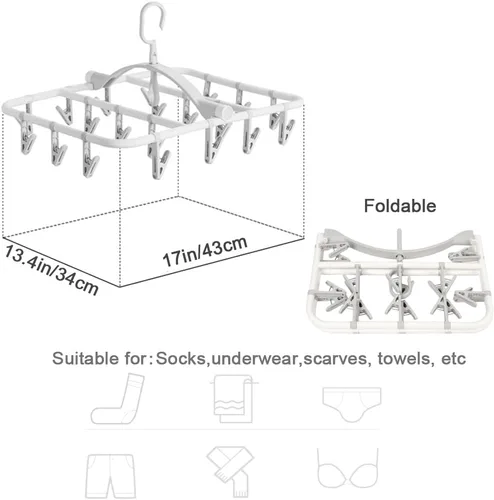 Vista 2 de Foshine Perchas de secado de ropa plegables de plástico con 20 clips de secado (gris claro, rectangular)