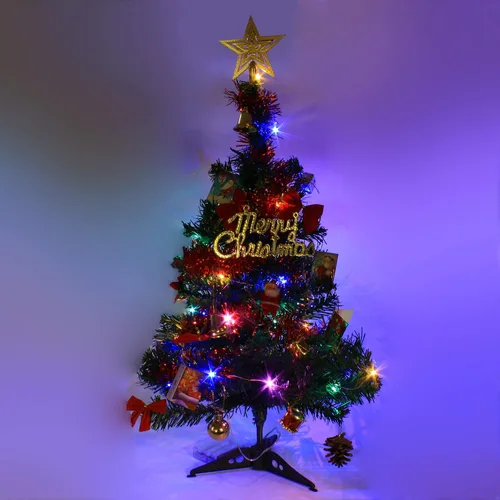 Vista 2 de Mini árbol de pino artificial de Navidad de 18 pulgadas con luces LED y adornos (árbol verde, luz multicolor)