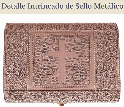 Vista 2 de Cottage Garden Caja de recuerdos de baúl de tapa redonda estampada de metal en tono cobre bendecido