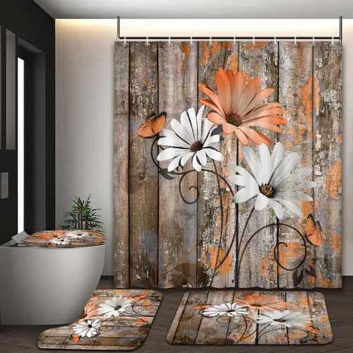 Vista 63 de JAWO Alfombra de baño con flores de granja, dalia en tablones de madera rústica, juego de tapetes de baño con flores azules, en forma de U