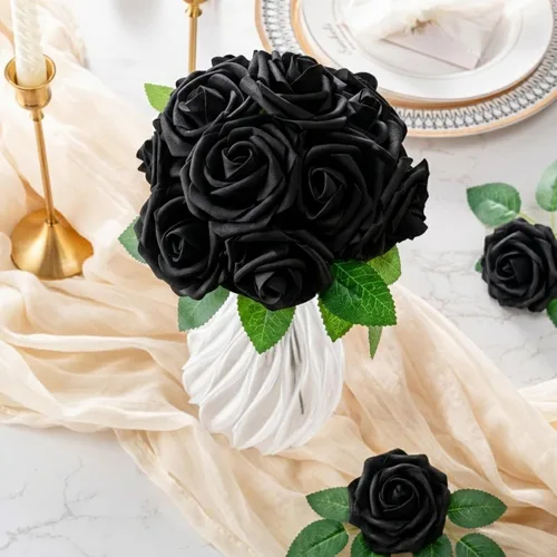 Vista 3 de Aegero Flores artificiales, 25 rosas falsas de espuma con tallos para ramos de boda, centros de mesa de despedida de soltera, arreglos, mesas