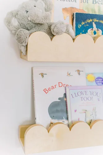 Vista 5 de Estantes flotantes para libros de guardería con bordes festoneados, estantes colgantes Montessori de madera para habitaciones de niños, estantería