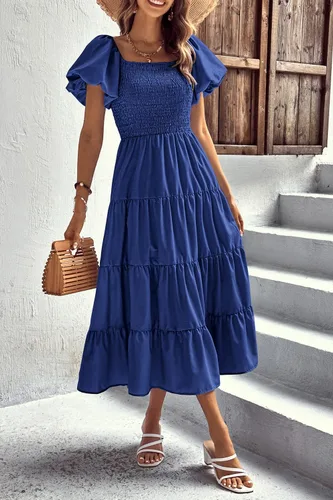 Vista 7 de PRETTYGARDEN Vestido midi casual de verano para mujer, manga corta, cuello cuadrado, fruncido, con volantes