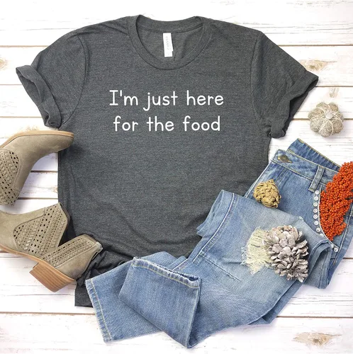 Vista 5 de Camiseta con texto en inglés "I'm Just Here for The Food", camiseta divertida para mujer, camiseta casual con gráficos, camiseta de manga corta