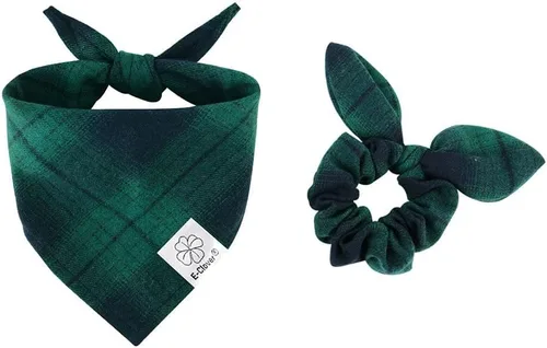 Vista 16 de E-Clover Bandana de Perro a Cuadros Marrón y Scrunchie a Juego - Bandana de Perro de Otoño Triangular a Cuadros Bufanda Babero para Mascotas