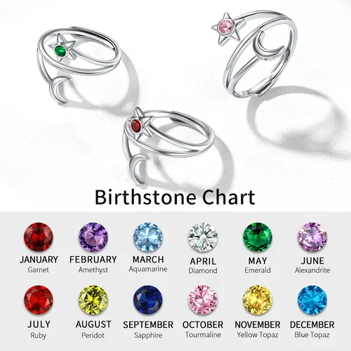 Vista 4 de ChicSilver Anillo de luna y estrella de plata de ley 925 con piedra natal luna creciente ajustable anillo de banda abierta regalo de cumpleaños