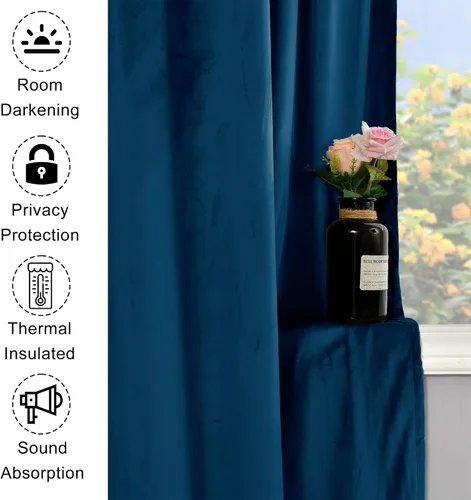Vista 3 de XWZO Cortinas de terciopelo azul de 63 pulgadas de largo, elegantes cortinas de lujo suaves para sala de estar, aislamiento térmico, oscurecimiento