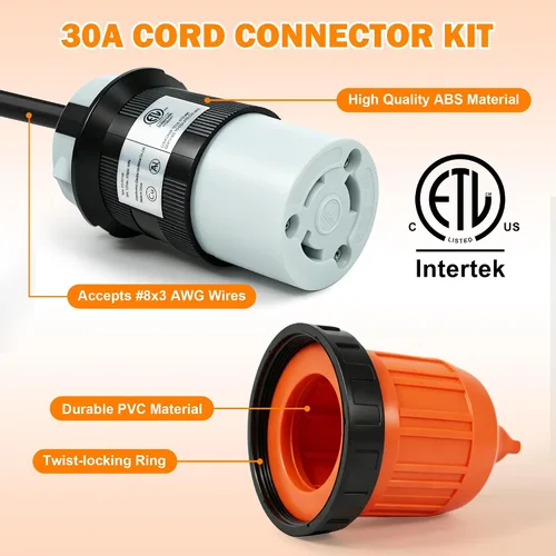 Vista 2 de Cable de alimentación de 30 AMP RV con tapa de bloqueo de arranque, conector de bloqueo giratorio hembra NEMA L5-30R de 125 V con cubierta naranja