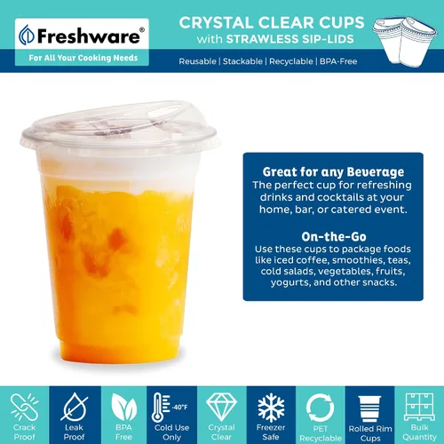Vista 2 de Freshware Vasos de plástico transparente con tapas para sorbos sin popote [100 tazas – 12 onzas] Vaso desechable para café helado, batido, bebidas