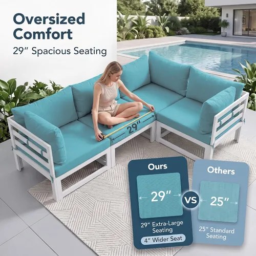 Vista 4 de BULEXYARD Juego de 7 piezas de muebles grandes de aluminio para patio al aire libre con mesa rectangular con fogón, asiento profundo de 29