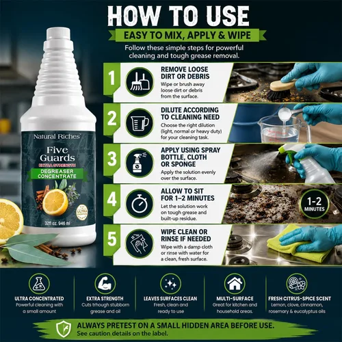 Vista 5 de Natural Riches Five Guards Degreaser Concentrate Makes Up to 64 Gallons, Essential Oil Blend Formula, Multi-Surface Cleaner for Kitchen, Cookware
