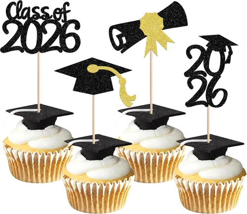 Vista 62 de 30 piezas de decoración para cupcakes de graduación para la clase de 2026 con purpurina brillante para el futuro diploma hecho 2026 Felicidades