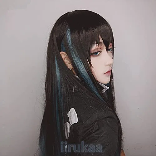Vista 8 de iirukaa Tokitou Muichirou - Peluca de cosplay larga y recta para Demon Slaye Anime Kimetsu no Yaiba, personajes de Halloween, pelucas de cosplay