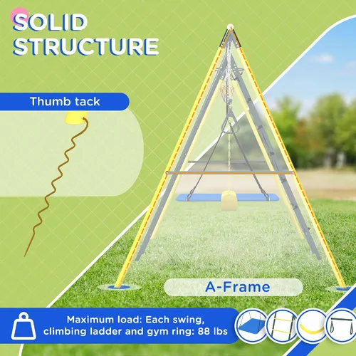 Vista 3 de Outsunny Juego de columpios de 440 libras para patio trasero, soporte 5 en 1 resistente con marco en A, juego al aire libre para niños, con columpio
