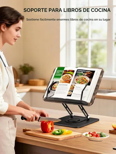 Vista 3 de Tounee Soporte para libros, soporte giratorio de 360°, soporte ajustable para libros de cocina para leer manos libres, soporte plegable para libros