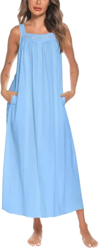 Vista 41 de YOZLY Camisones de algodón para mujer con bordado, sin mangas, con bolsillos S-XXXL