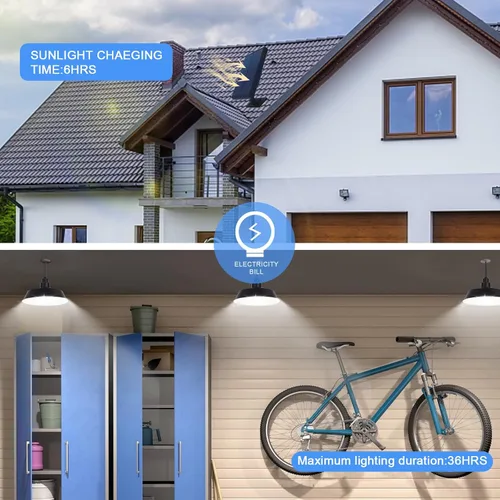 Vista 8 de Luces colgantes solares para exteriores, luz solar para cobertizo con panel ajustable de 360°, iluminación regulable con control remoto, cable